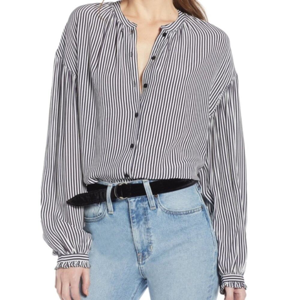 Something Navy Striped Button Front Long Sleeve Top w/ Ruffle Detail Cuffs - XXS